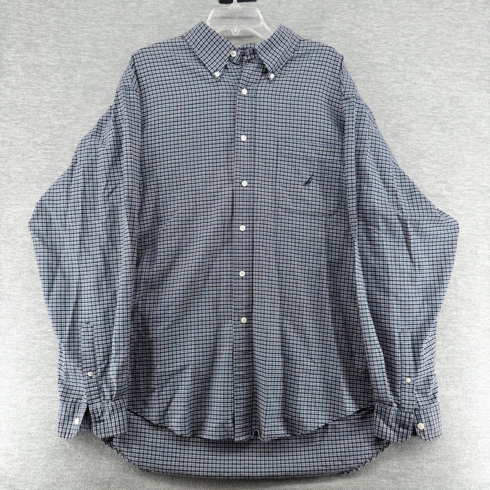 Nautica Button Down Shirt Mens XXL Blue Check Long Sleeve Cotton Classic Logo